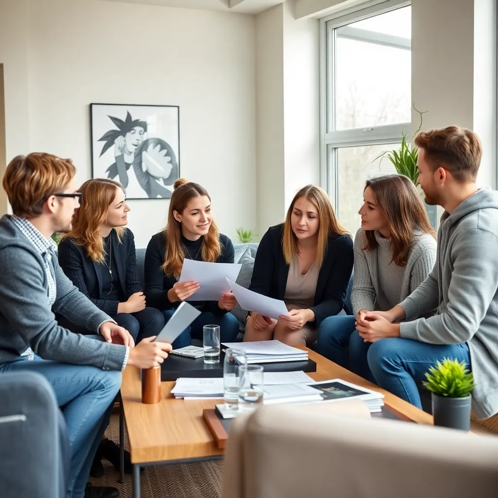 Jonge mensen bespreken hun spaarstrategieën in een moderne woonkamer