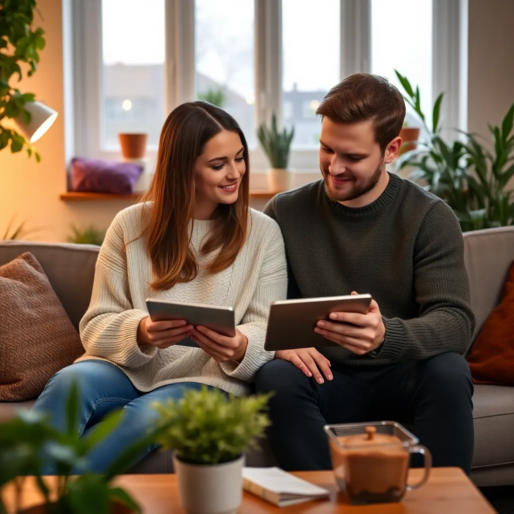 Jong stel bekijkt huizenwebsite op laptop