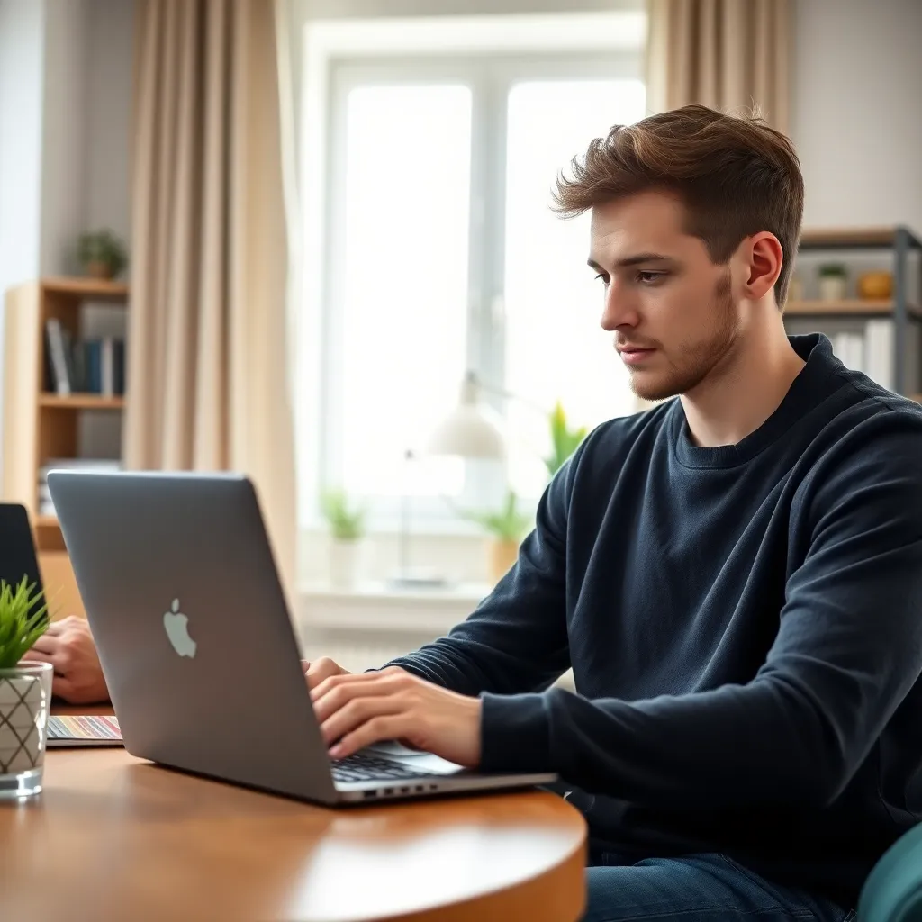 Jonge man die automatische spaaropdracht instelt op laptop