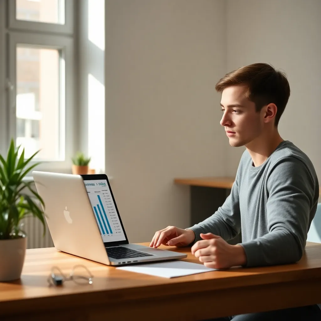 Nederlandse student werkt op laptop in café terwijl hij bijverdient