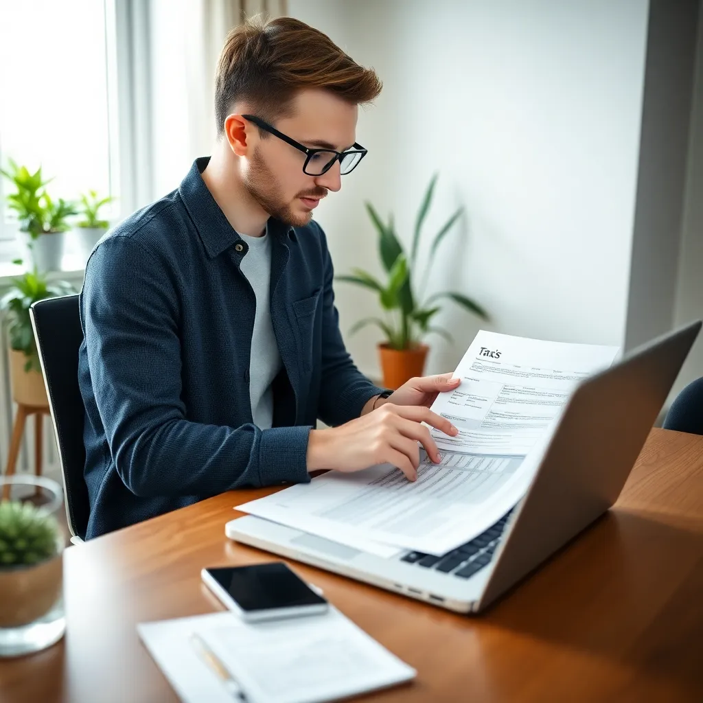 Jonge ondernemer die belastingaangifte doet op laptop